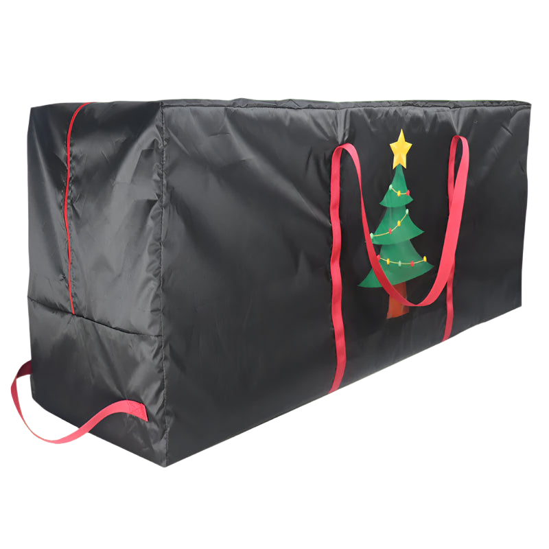 Black Christmas tree storage bag with a green tree and star design on a white background