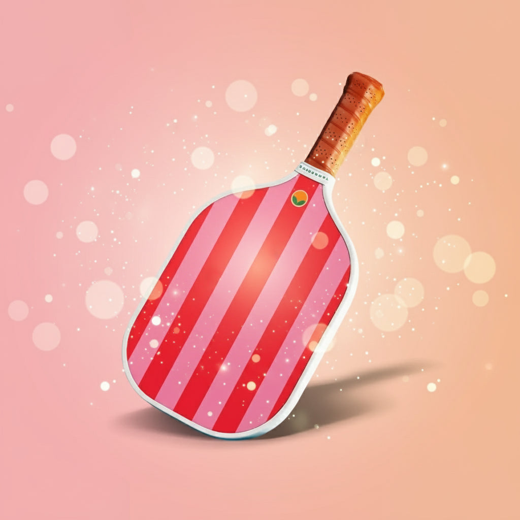 Red and white striped paddle with a wooden handle on a white background