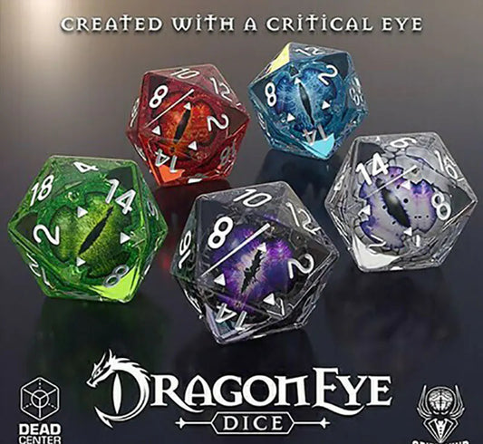 Colorful dice with 'Dragon Eye Dice' branding and promotional text for a Kickstarter campaign.