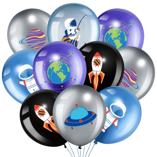 Space-themed balloons with rockets, planets, and stars on a white background