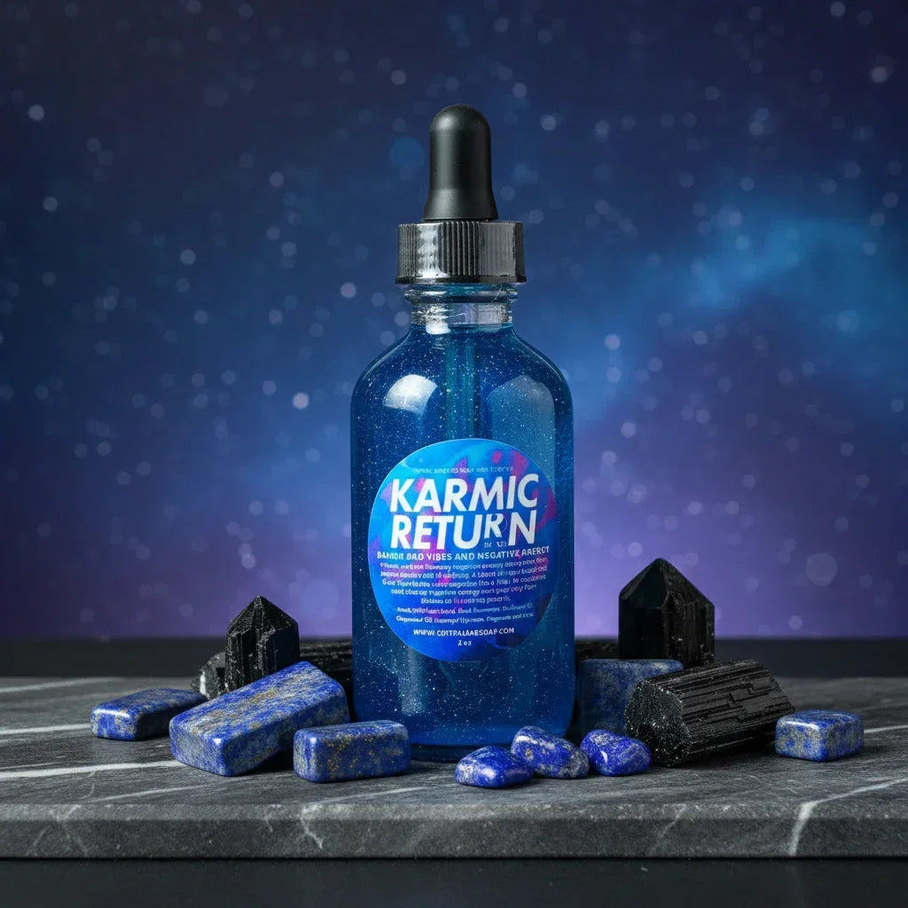 Blue bottle labeled 'Karmic Return' with crystals on a dark background