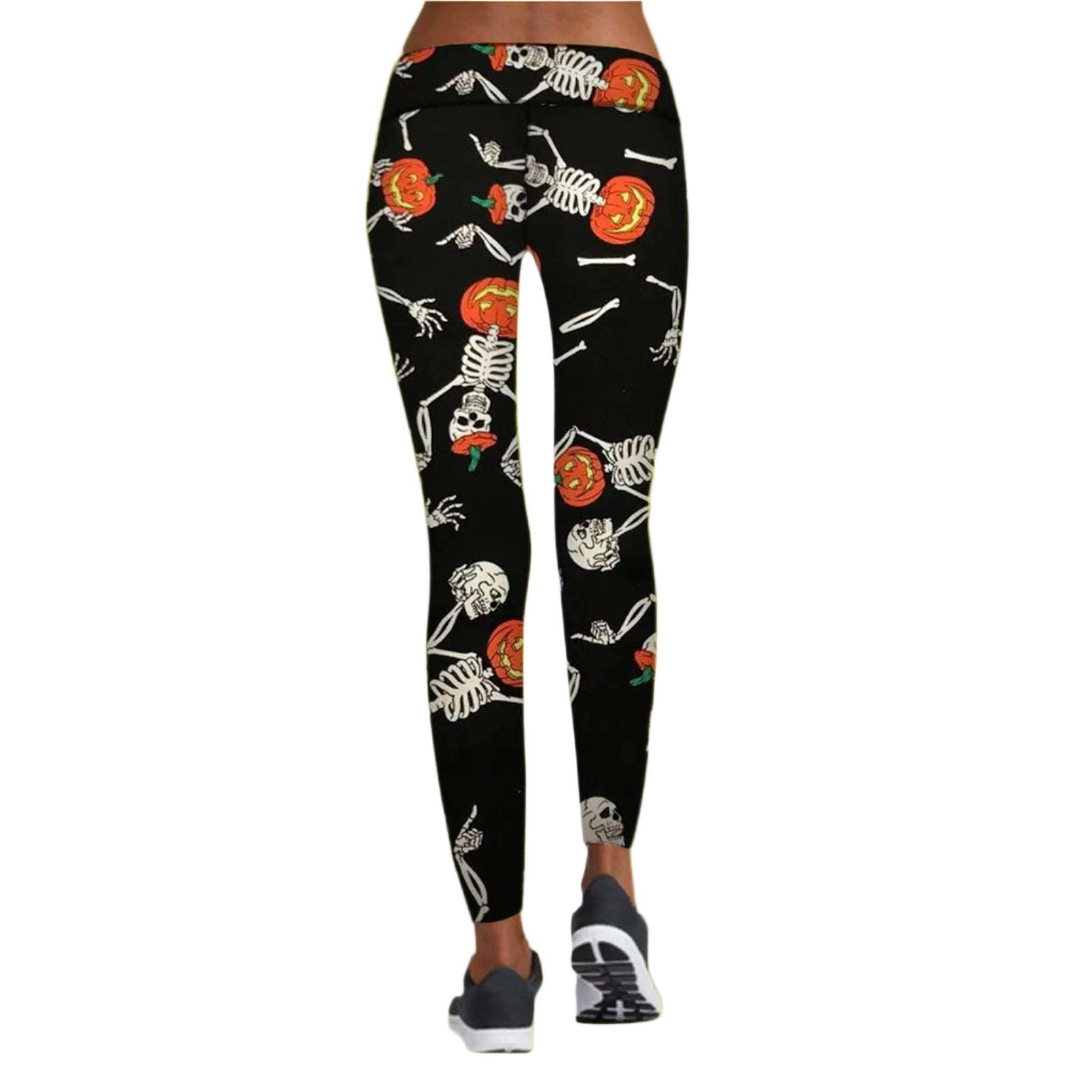 Black leggings with Halloween-themed design featuring skeletons and pumpkins on a white background.