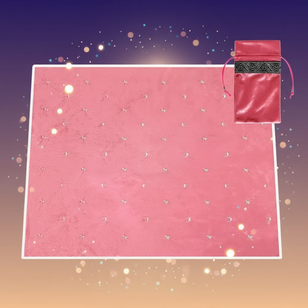 Pink mat with white floral patterns and a folded pink mat with black text on a white background