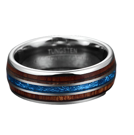 Tungsten ring with wooden and blue inlay on a gray background