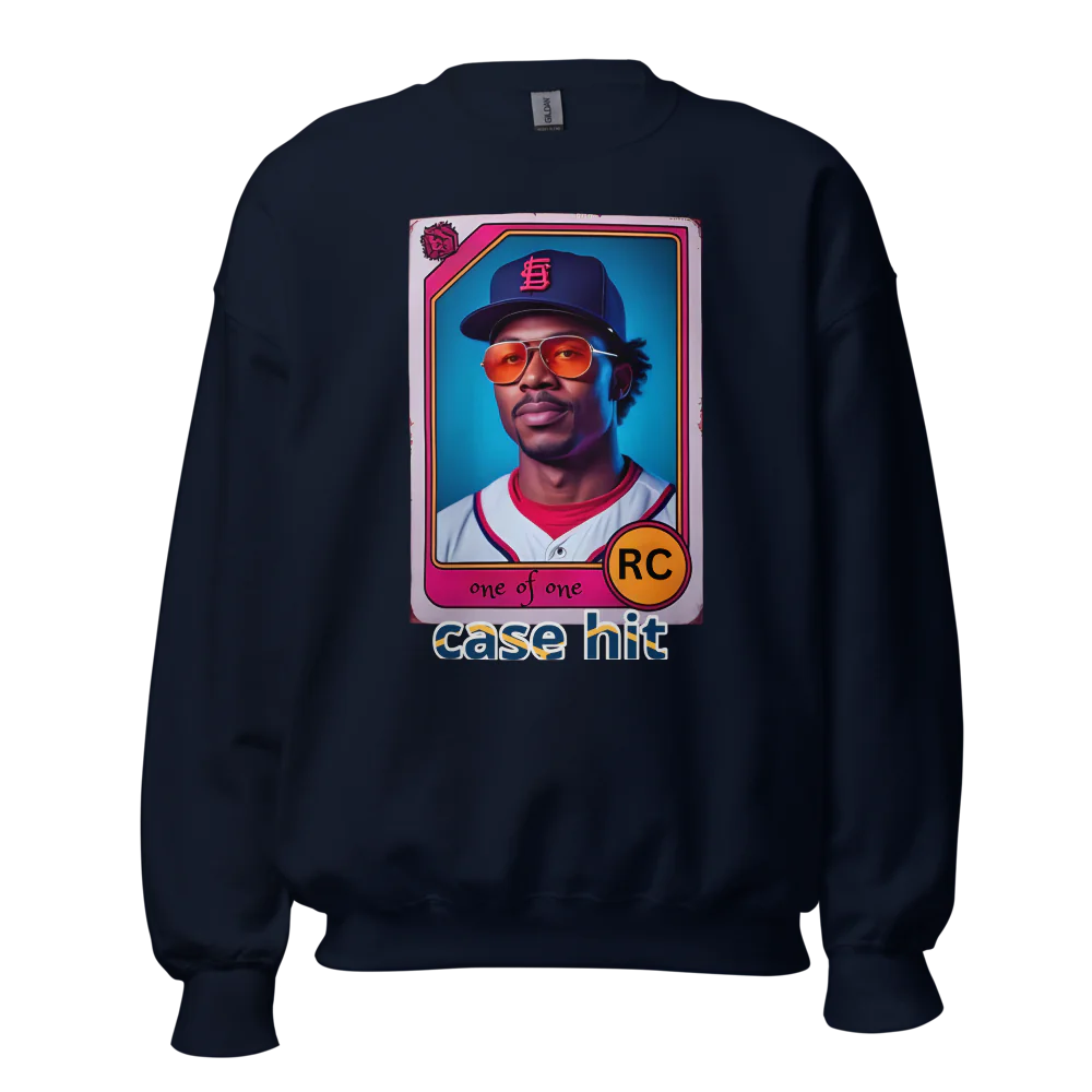 Black sweatshirt with a graphic of a baseball player in a card format on a white background