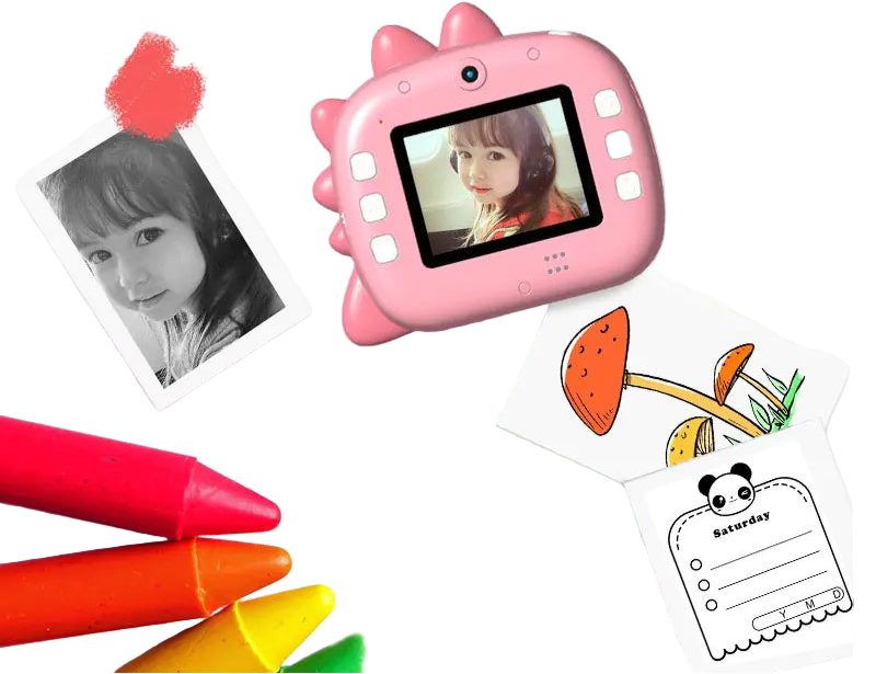 Pink digital camera with screen displaying a photo, surrounded by colorful crayons and artistic drawings on a white background.