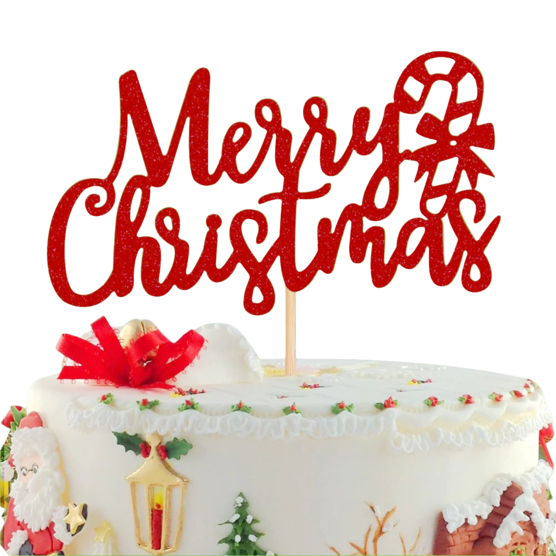 Decorative cake with 'Merry Christmas' topper on a white background