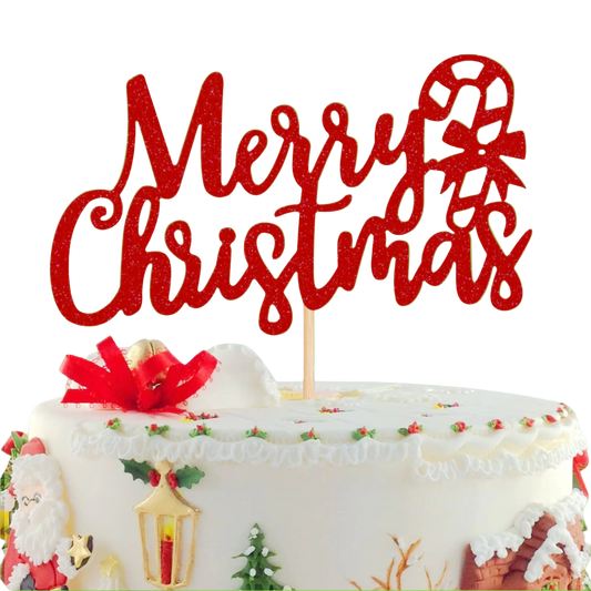 Decorative cake with 'Merry Christmas' topper on a white background