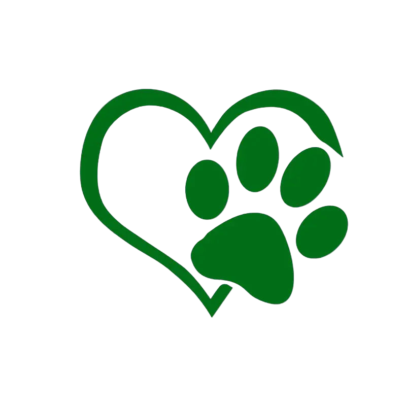 Green heart with a paw print inside on a white background