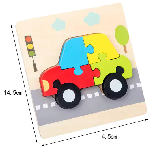 Colorful car-shaped puzzle on a wooden board with measurements indicated.