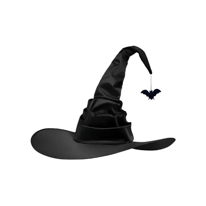 Black witch hat with a hanging bat on a white background