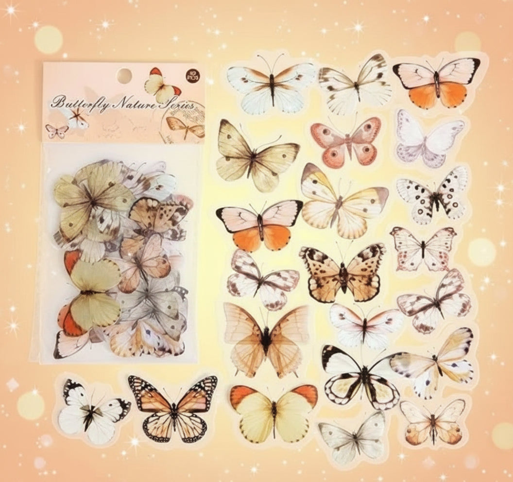 Butterfly stickers with a 'Butterfly Nature Series' packaging on a white background
