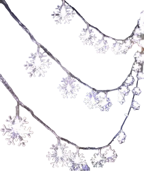 String of snowflake lights against a dark curtain background