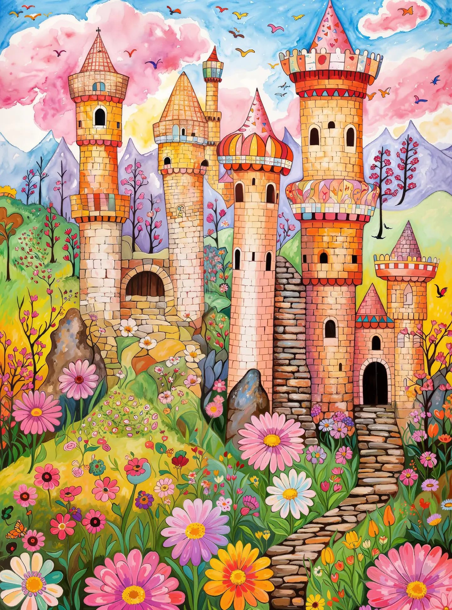 Colorful castle in a fantasy landscape with flowers and butterflies