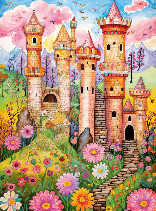 Colorful castle in a fantasy landscape with flowers and butterflies