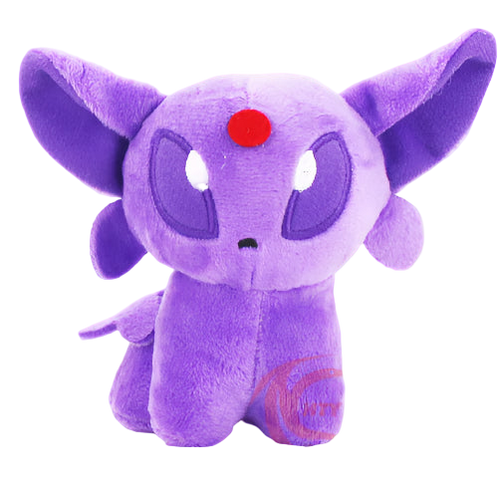 Purple plush toy with a red circle on a white background