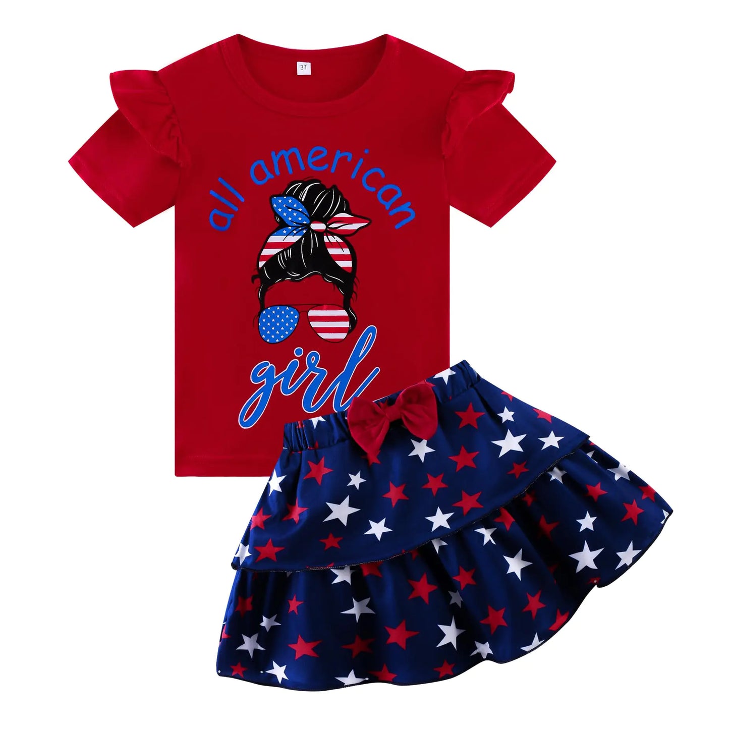4th of July Outfits for Girls Red White and Blue Skirt Outfit Cartoon American Girl Figure Print Patriotic Skirt Set 7t