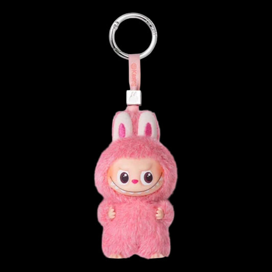 Plush keychain in a pink costume with bunny ears on a white background