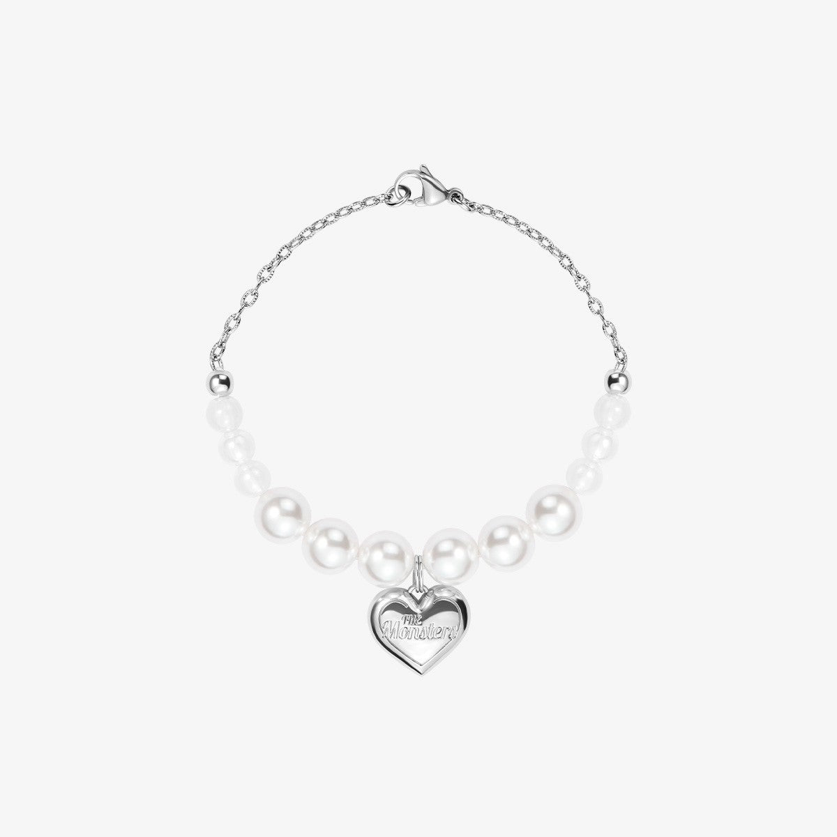 Silver bracelet with a heart-shaped tag on a white background