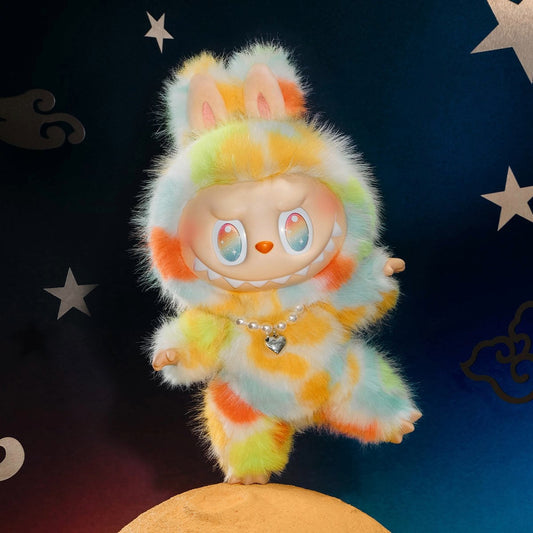 Colorful plush toy with a starry background