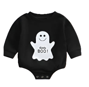 Black baby onesie with a white ghost design and 'Little BOO!' text on a white background