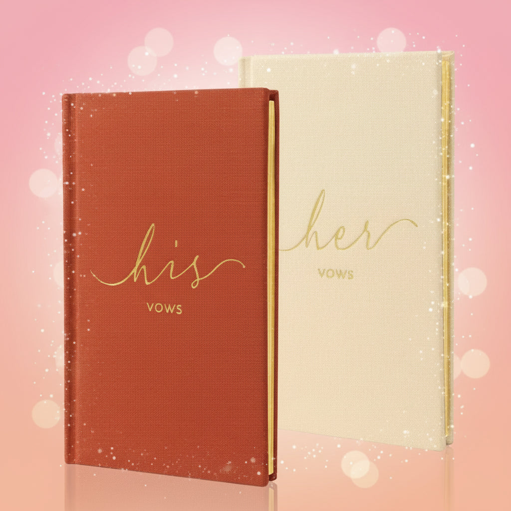 Two books titled 'his vows' and 'her vows' on a white background