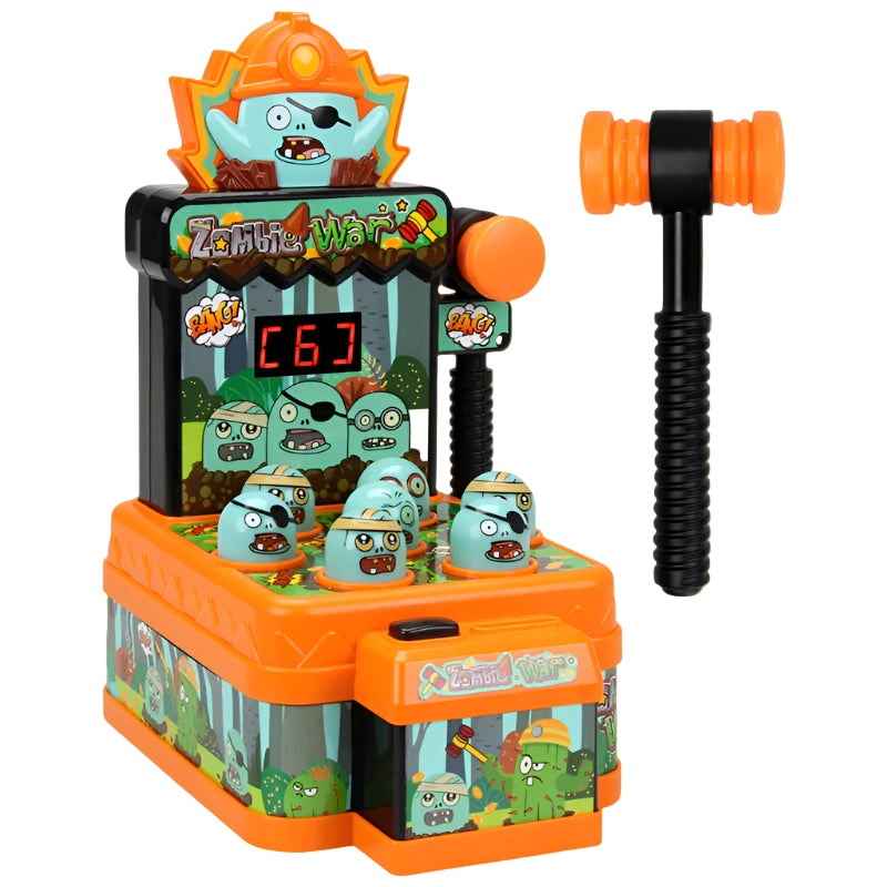 Toy arcade machine with cartoonish zombies and a mallet on a white background