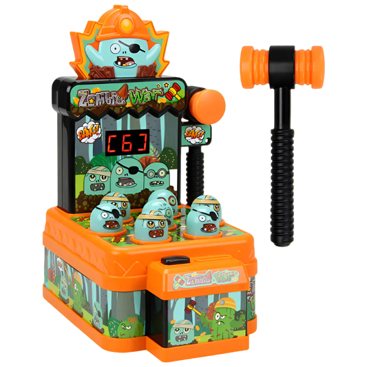 Toy arcade machine with cartoonish zombies and a mallet on a white background