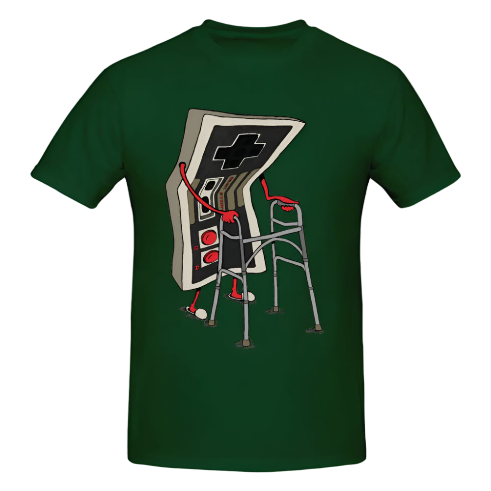 Green t-shirt with a graphic design of a control panel and walker on a white background