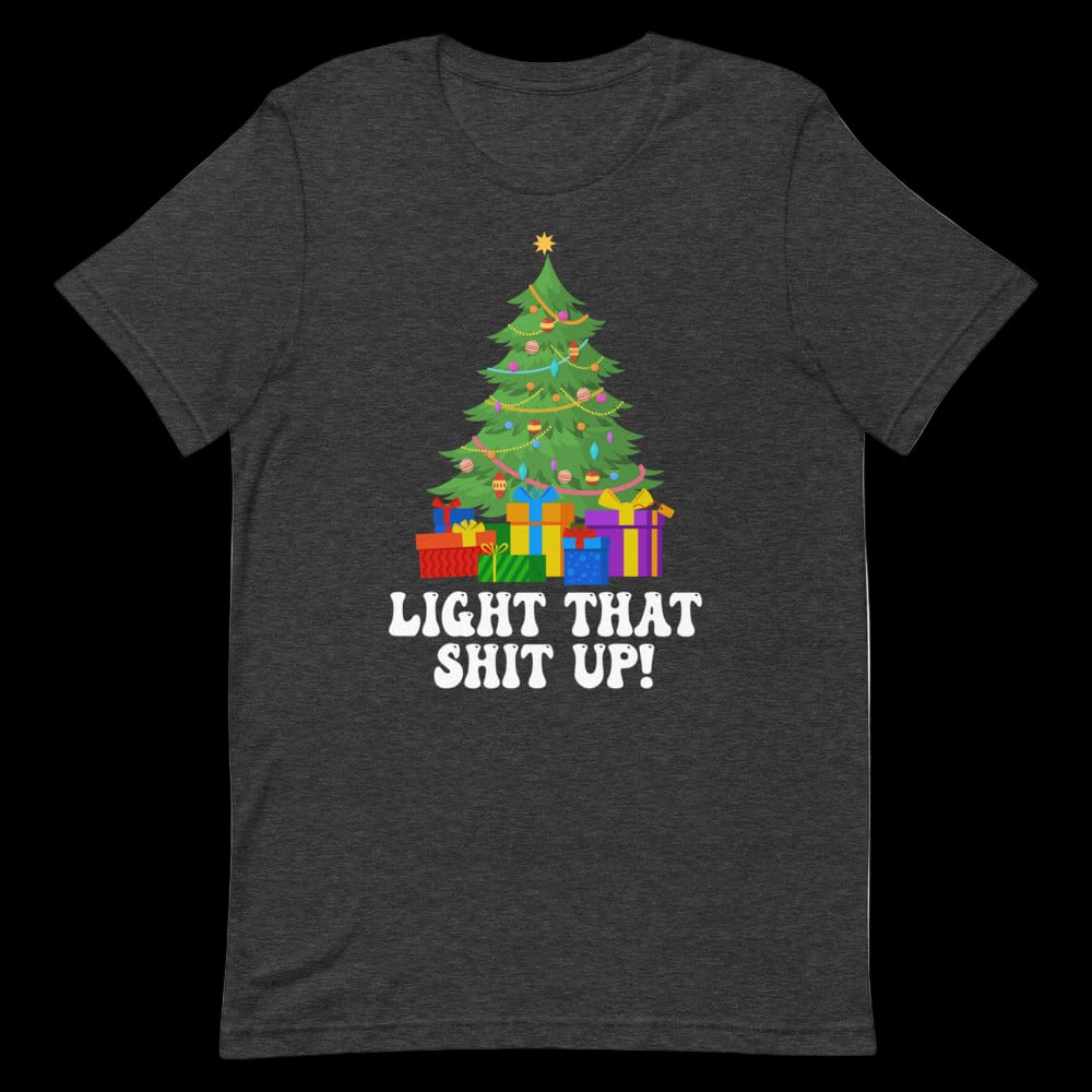 Dark gray t-shirt with a Christmas tree and presents design on a white background