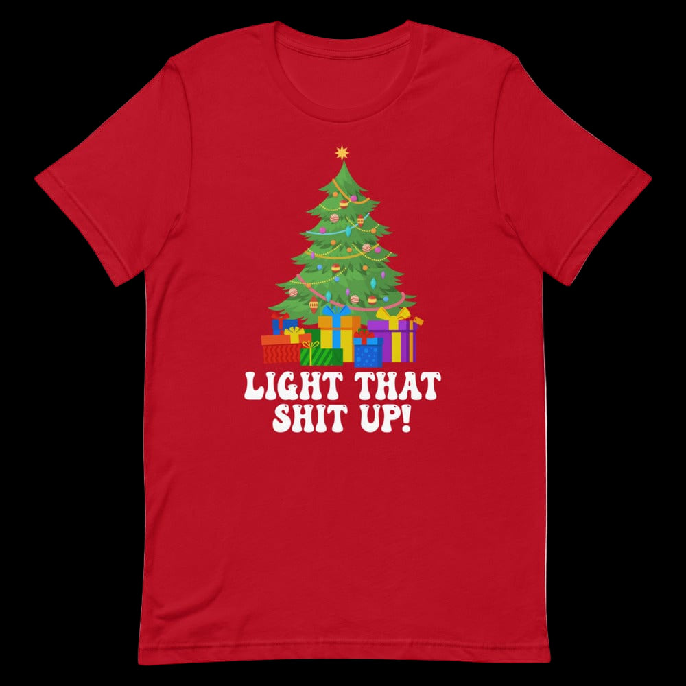 Red t-shirt with a Christmas tree and presents design on a white background