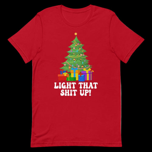 Red t-shirt with a Christmas tree and presents design on a white background