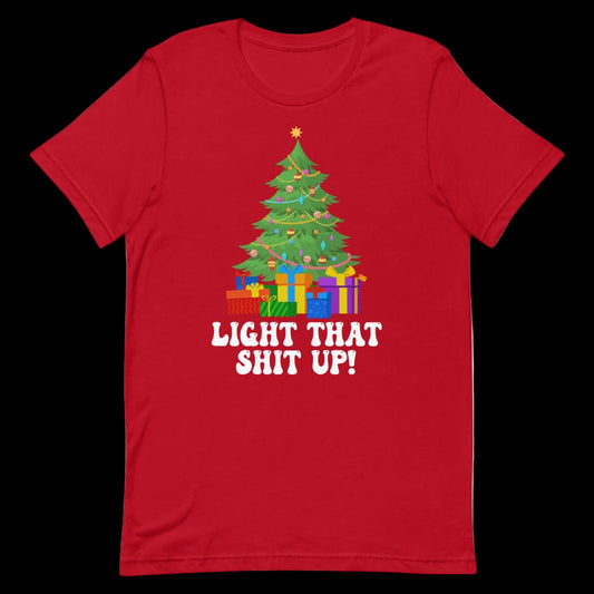 Red t-shirt with a Christmas tree and presents design on a white background