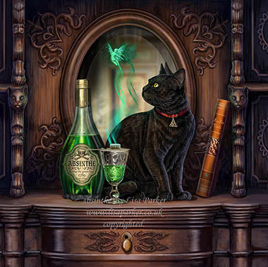 A dark black cat wearing a red collar sits on a carved wooden cabinet beside a green Absinth bottle, a green smoky goblet, and an old book, with an ornate mirror behind them.