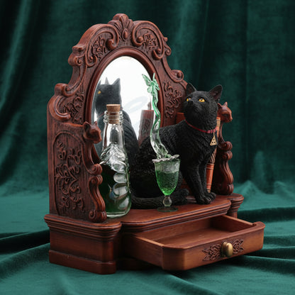 Decorative scene with a black cat, bottles, and a wooden frame on a white background