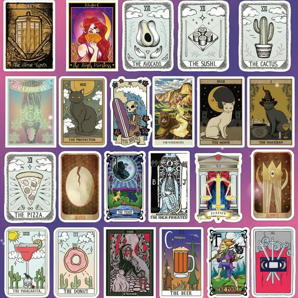 Collection of tarot cards with various designs and symbols.