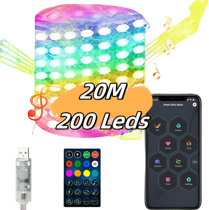 LED light strip with remote control, smartphone app, and USB cable on a white background