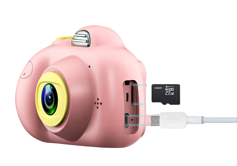 Pink digital camera with microSD card and USB cable on a pink background