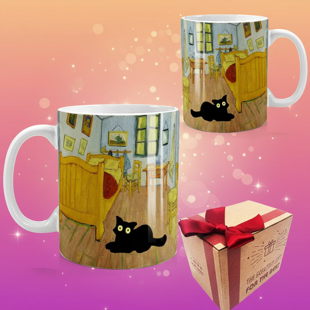 Two mugs with a black cat design and a gift box with a red ribbon on a white background