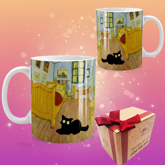 Two mugs with a black cat design and a gift box with a red ribbon on a white background