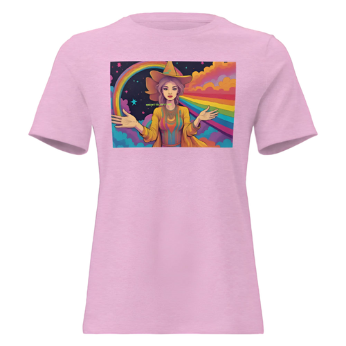 Pink t-shirt with a colorful graphic of a person with animal ears and a rainbow on a white background