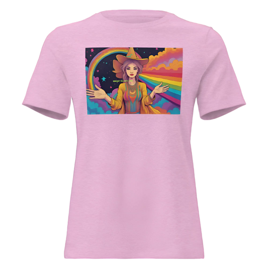 Pink t-shirt with a colorful graphic of a person with animal ears and a rainbow on a white background