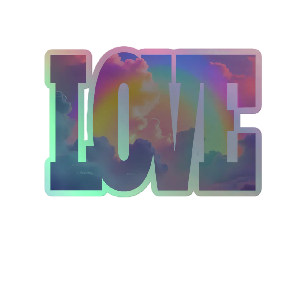 Colorful 'LOVE' sticker with a cloud design on a white background