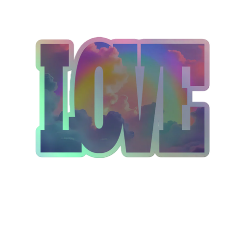 Colorful 'LOVE' sticker with a cloud design on a white background