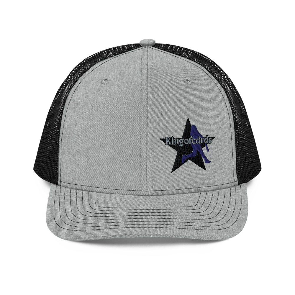Gray trucker cap with black star and 'Kingofcards' logo on a white background