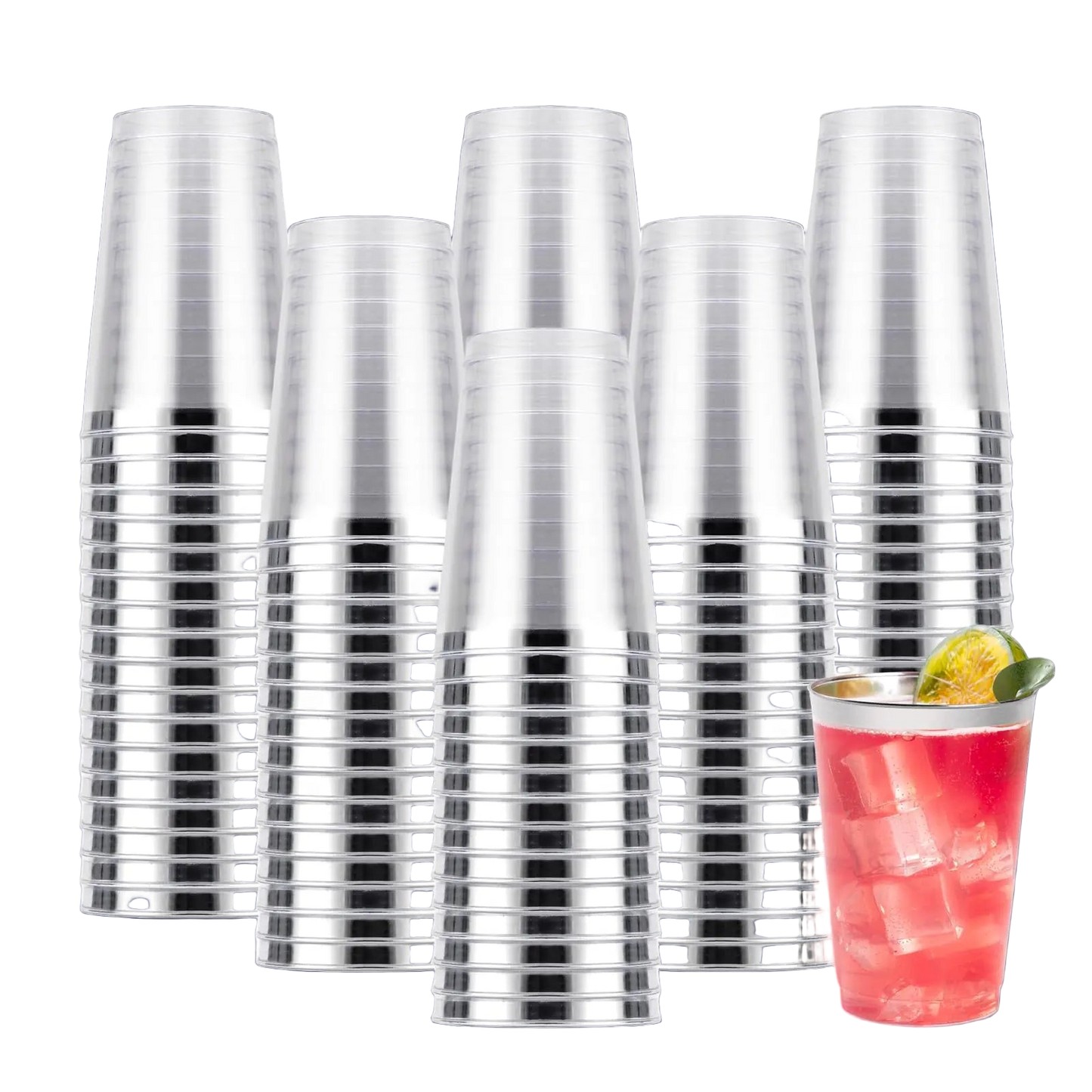 Stack of clear plastic cups with a cocktail in the foreground on a white background