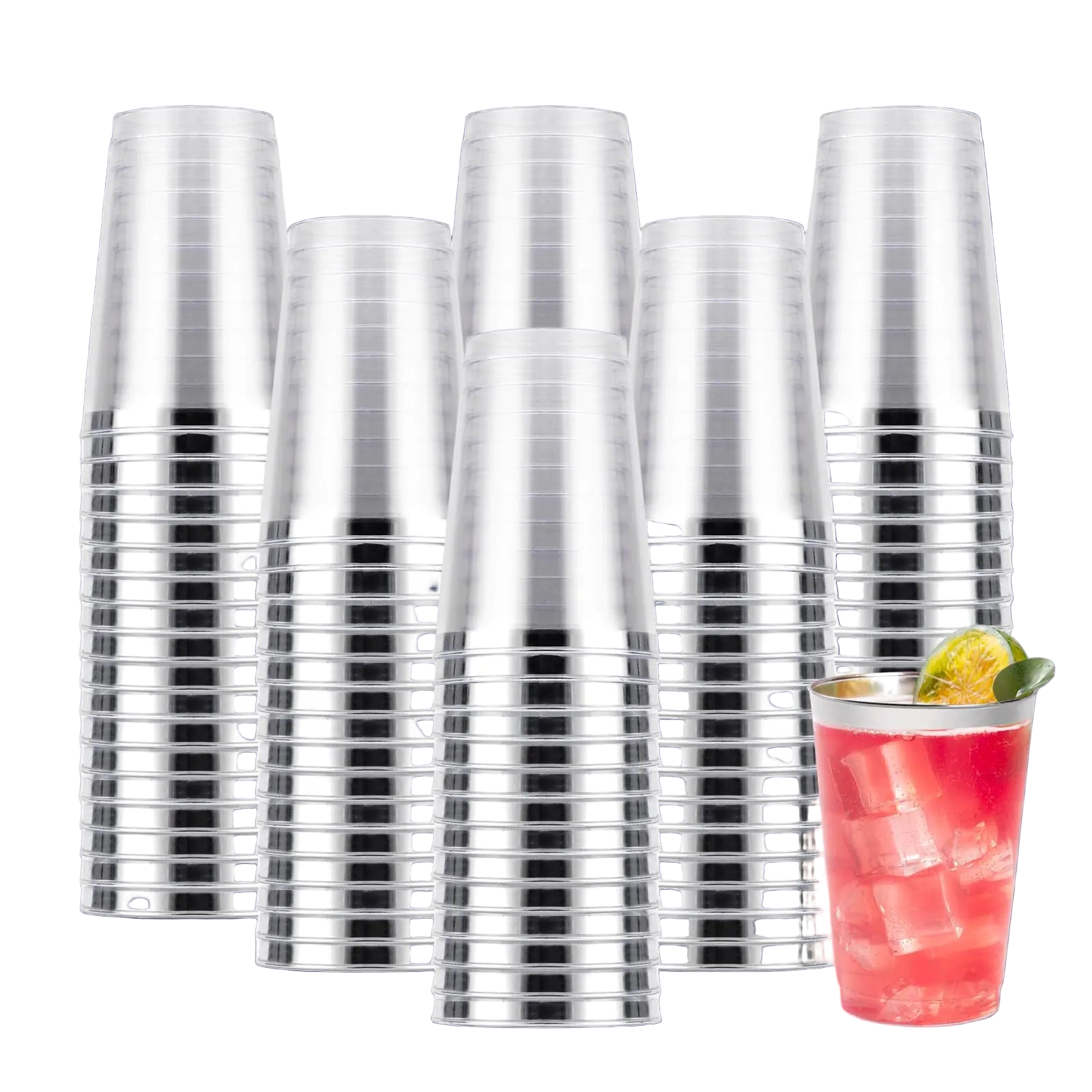 Stack of clear plastic cups with a cocktail in the foreground on a white background