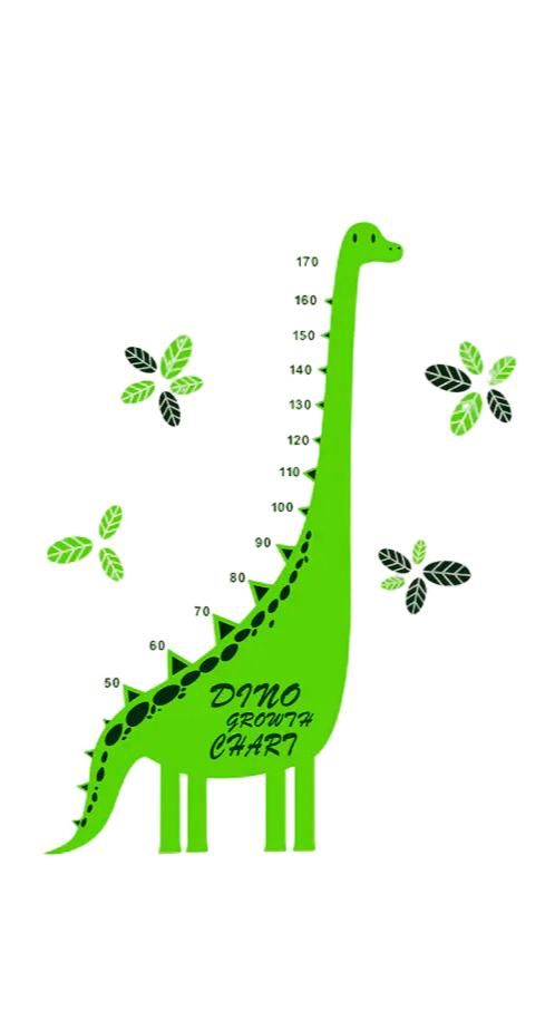 Green dinosaur growth chart on a wall in a room with wooden floor and window.