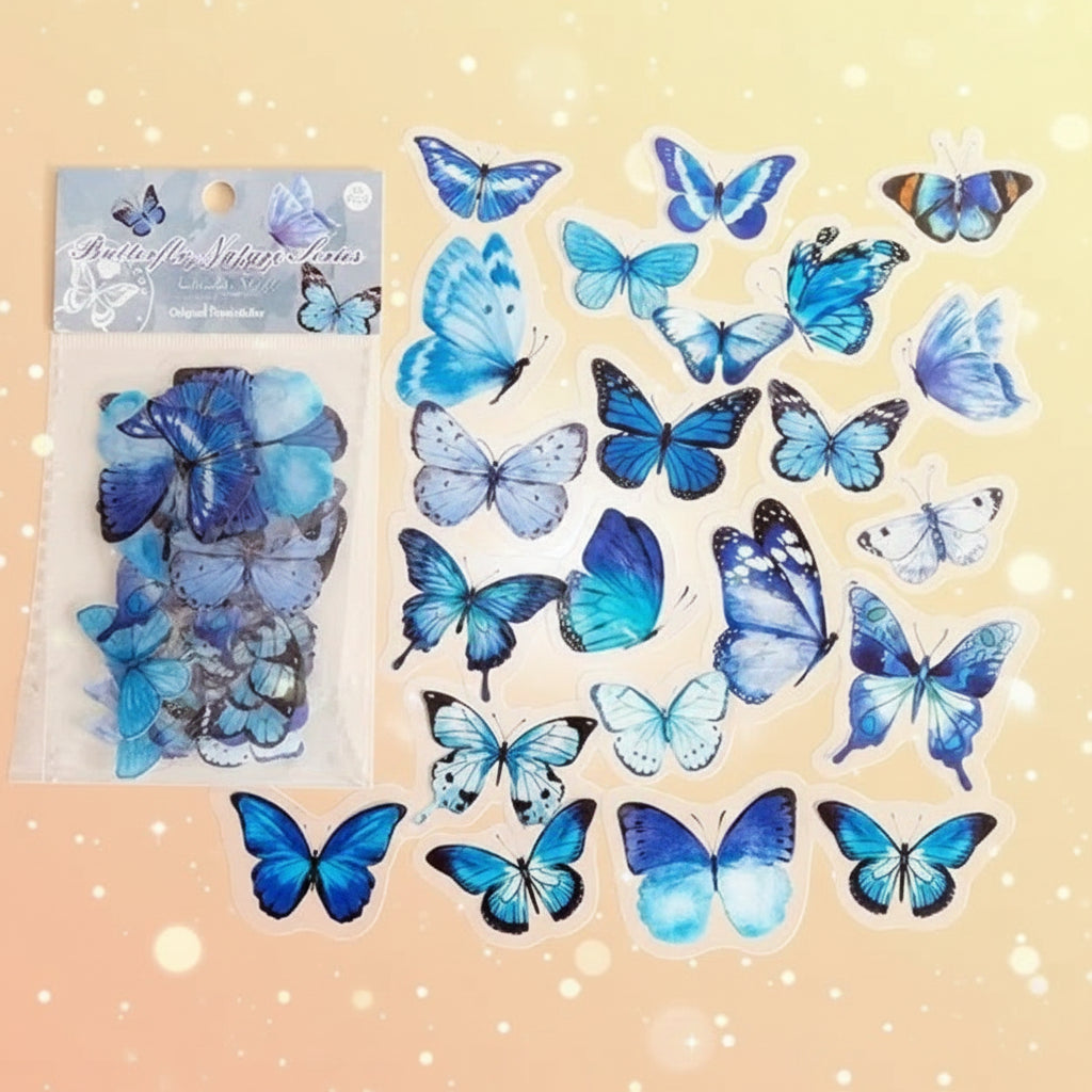 Blue butterfly stickers with packaging on a white background