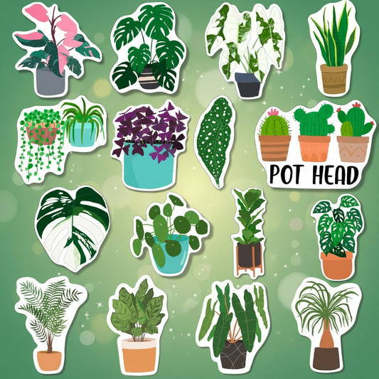 Collection of potted plant illustrations with a 'POT HEAD' text sticker on a white background